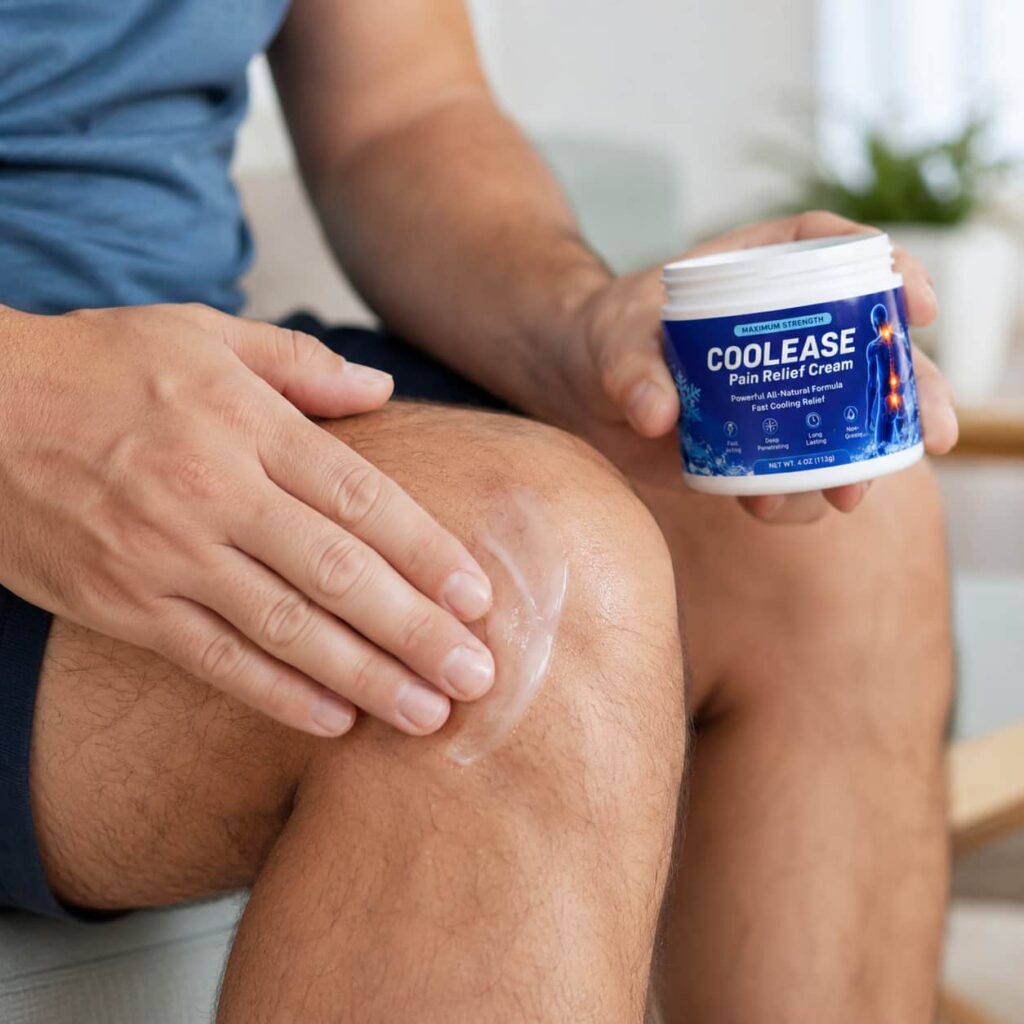 Applying CoolEase cooling pain relief cream on knee joint for muscle comfort and mobility support