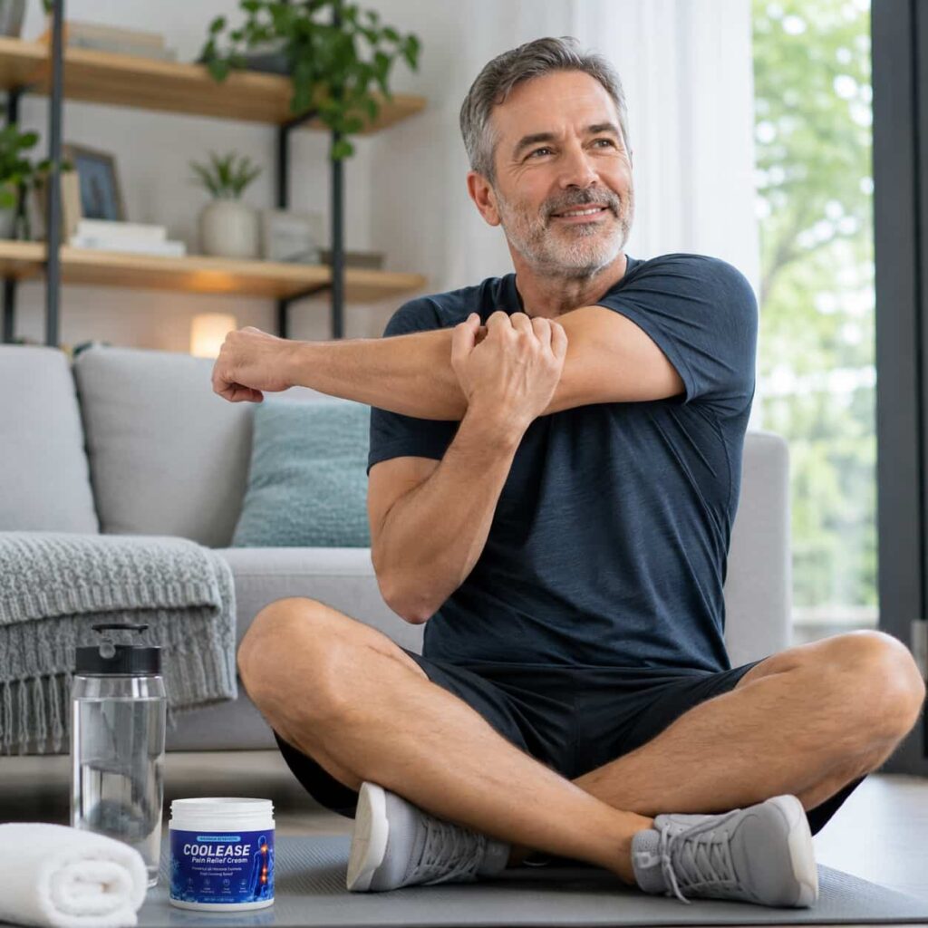 Middle aged man stretching comfortably after using CoolEase cooling pain relief cream for muscle and joint support