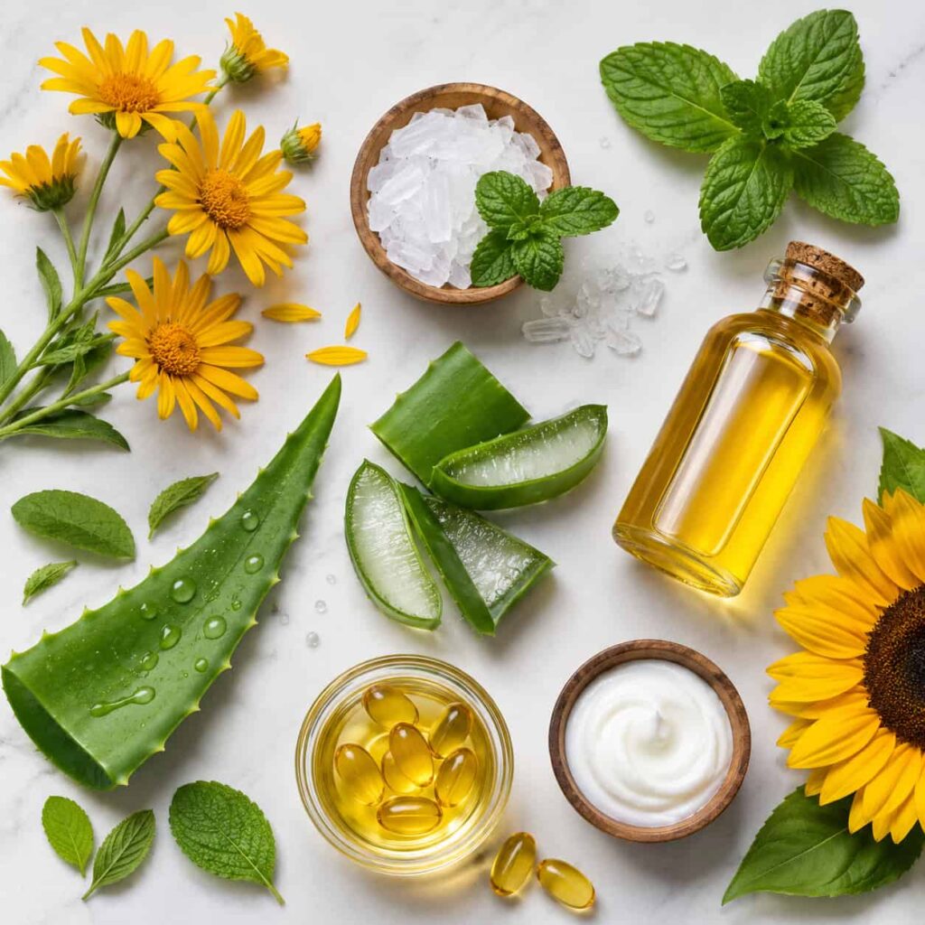 Natural ingredients in CoolEase formula including arnica flowers aloe vera menthol vitamin E and sunflower oil