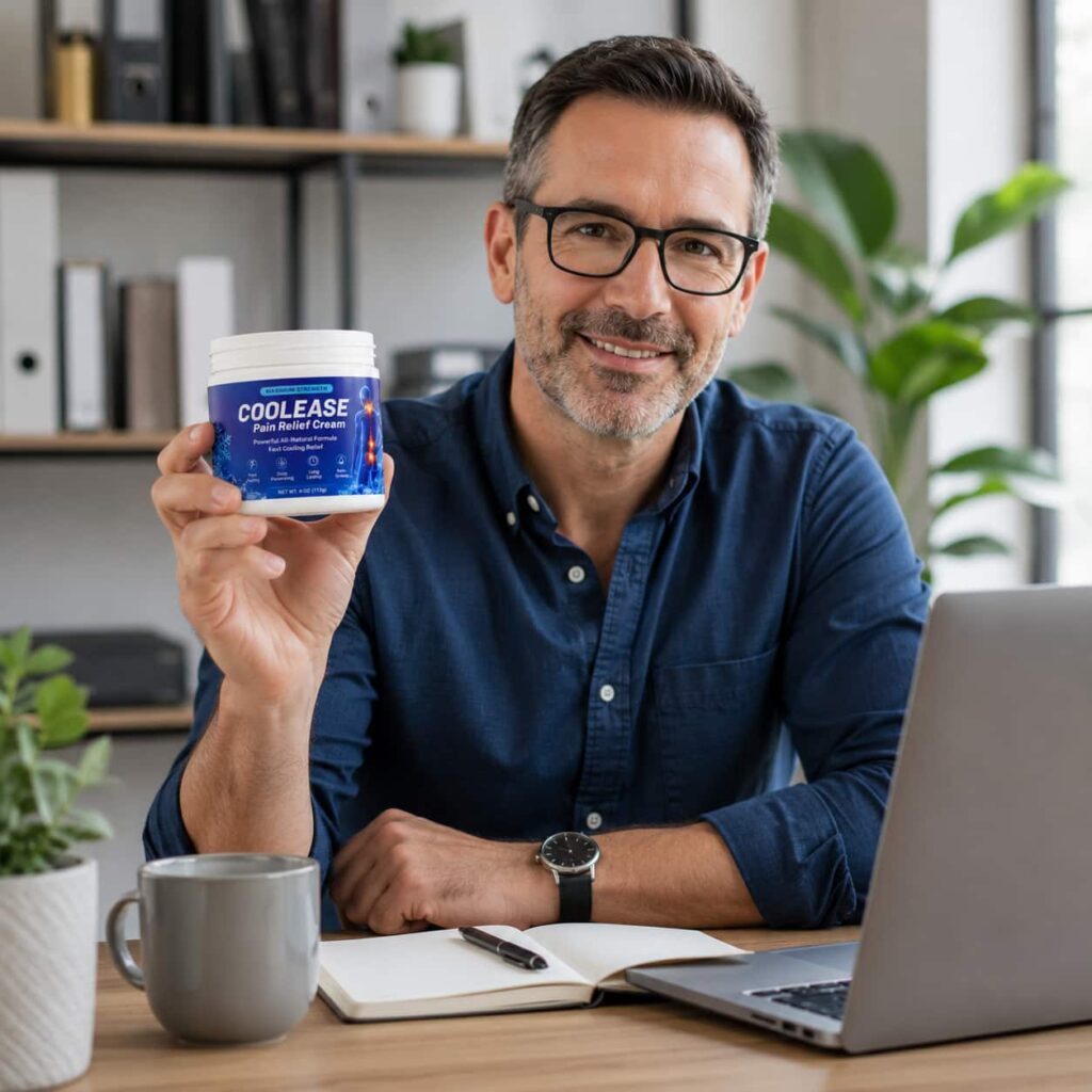 Office worker holding CoolEase cooling pain relief cream near laptop and coffee in modern workspace