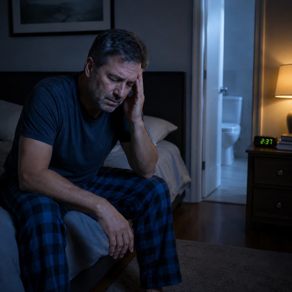Middle-aged man waking up at night due to frequent urination and prostate health problems
