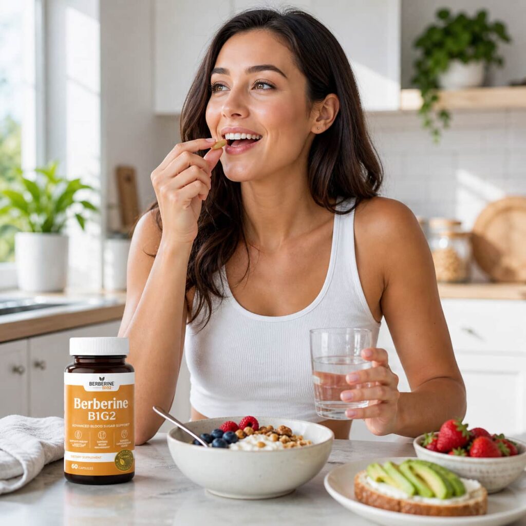 Healthy woman taking Berberine B1G2 supplement capsule with breakfast for metabolism and blood sugar support