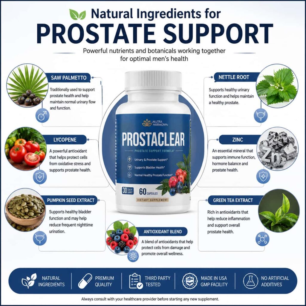 Natural prostate support ingredients infographic with saw palmetto zinc antioxidants and herbal extracts