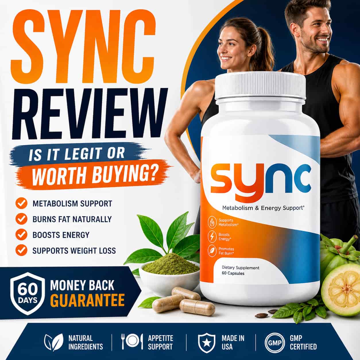 Sync Review featured image showing Sync supplement bottle with metabolism support benefits and money back guarantee