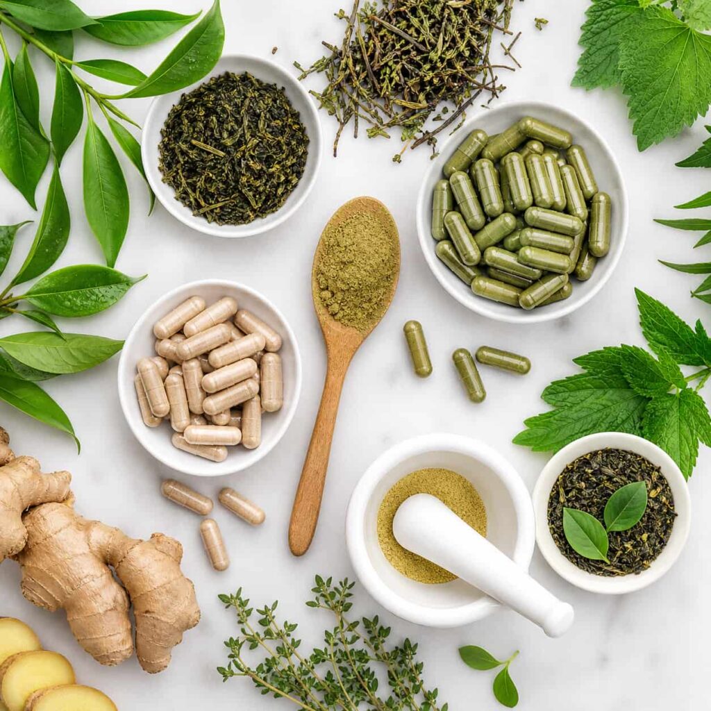 Natural ingredients used in Sync supplement including green tea herbs capsules and metabolism support extracts