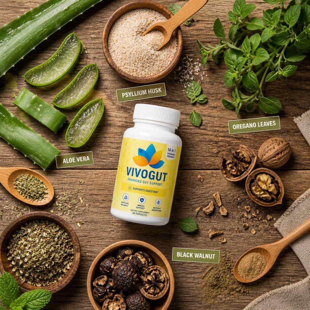 VivoGut ingredients including aloe vera psyllium husk oregano and black walnut shown in natural digestive health supplement formula