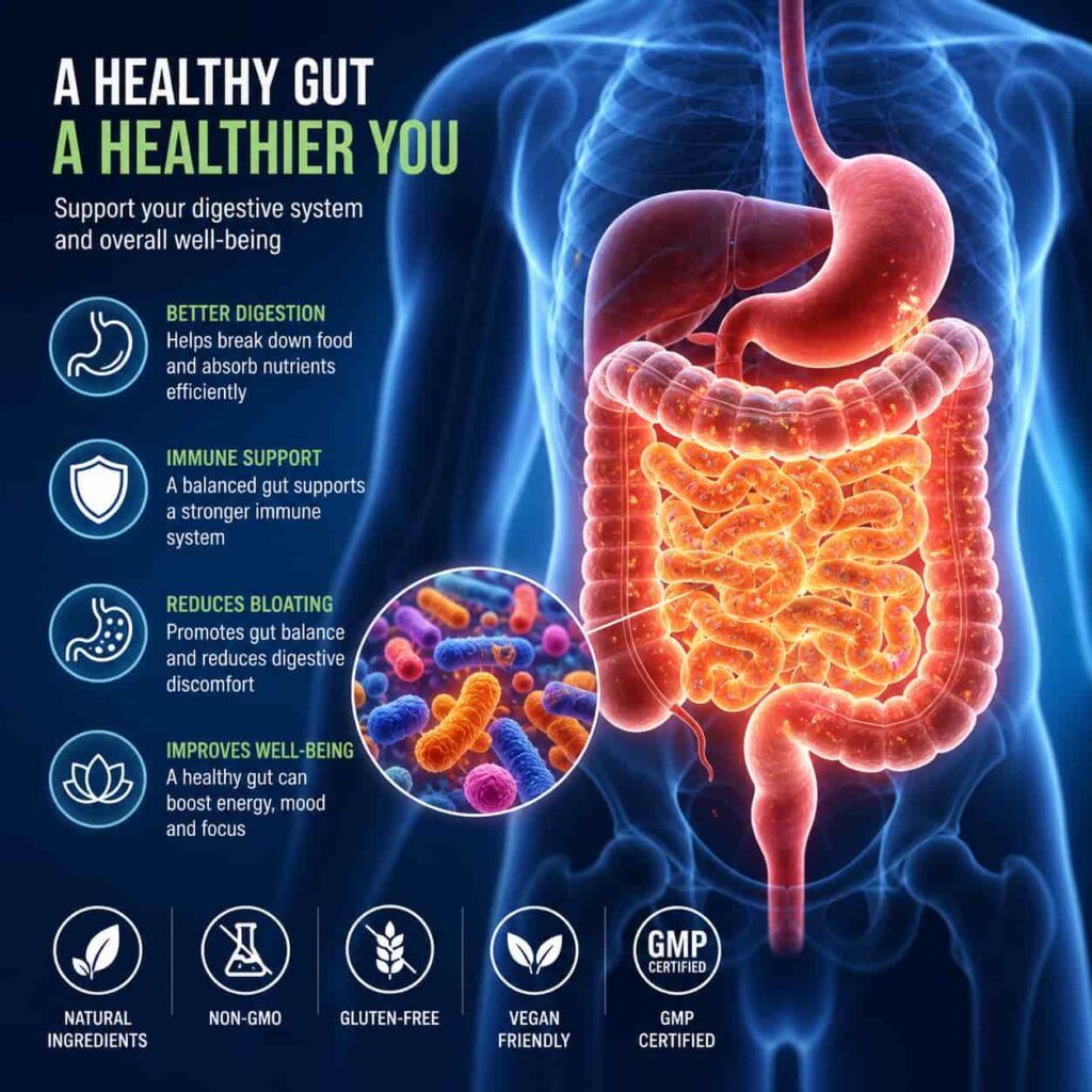 Human digestive system illustration showing gut microbiome and digestive tract health in VivoGut review article