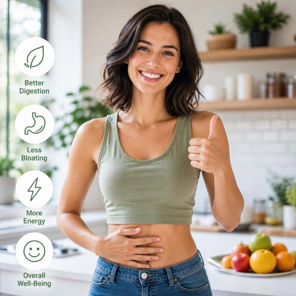 Healthy smiling adult enjoying improved digestive wellness and active lifestyle after focusing on gut health support